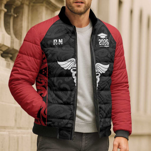 New Zealand Nurse RN 2026 Personalised Bomber Puffer Jacket Red Maori Pattern Cultural Pride
