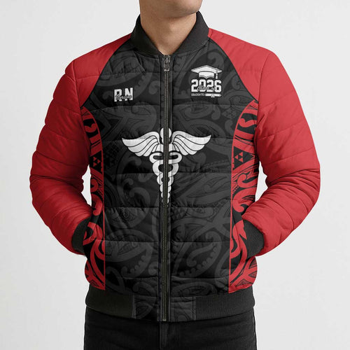 New Zealand Nurse RN 2026 Personalised Bomber Puffer Jacket Red Maori Pattern Cultural Pride