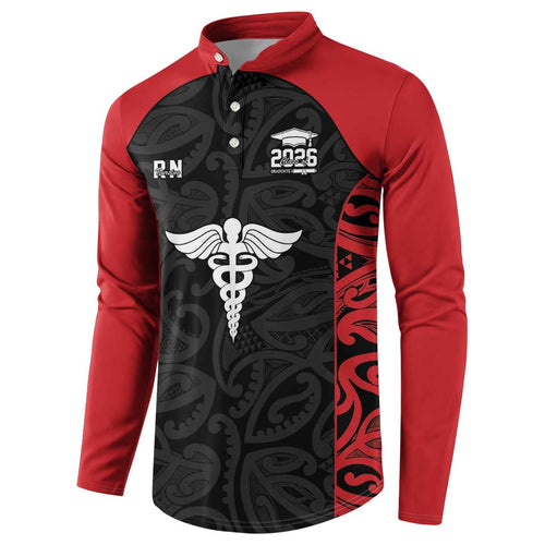 New Zealand Nurse RN 2026 Personalised Button Sweatshirt Red Maori Pattern Cultural Pride