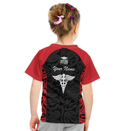 New Zealand Nurse RN 2026 Personalised Kid T Shirt Red Maori Pattern Cultural Pride