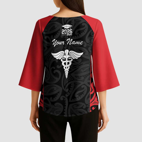 New Zealand Nurse RN 2026 Personalised Kimono Sleeve Blouse Red Maori Pattern Cultural Pride