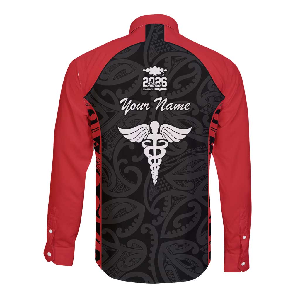 New Zealand Nurse RN 2026 Personalised Long Sleeve Button Shirt Red Maori Pattern Cultural Pride