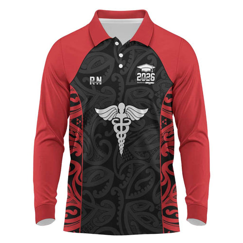 New Zealand Nurse RN 2026 Personalised Long Sleeve Polo Shirt Red Maori Pattern Cultural Pride