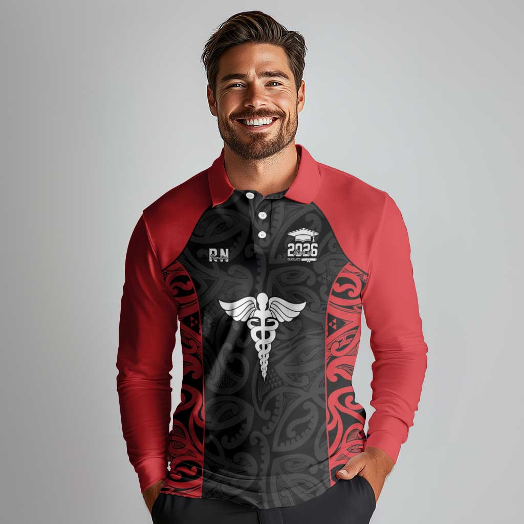 New Zealand Nurse RN 2026 Personalised Long Sleeve Polo Shirt Red Maori Pattern Cultural Pride