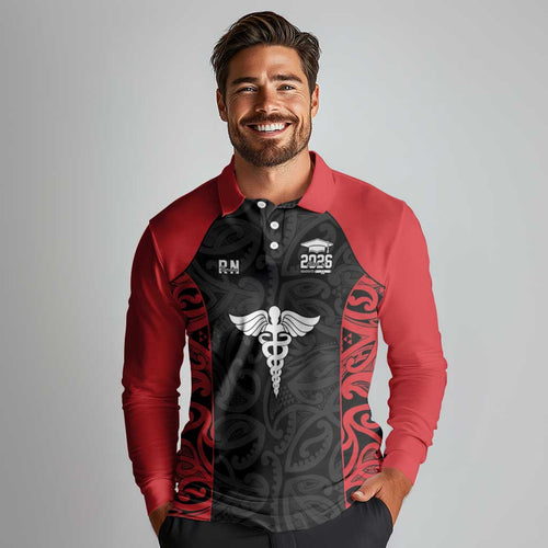 New Zealand Nurse RN 2026 Personalised Long Sleeve Polo Shirt Red Maori Pattern Cultural Pride
