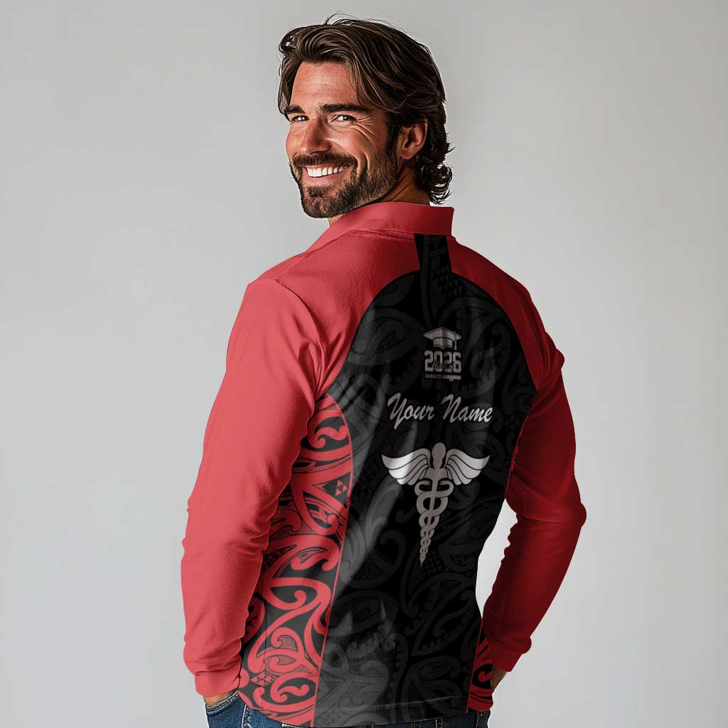 New Zealand Nurse RN 2026 Personalised Long Sleeve Polo Shirt Red Maori Pattern Cultural Pride