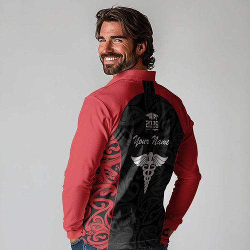 New Zealand Nurse RN 2026 Personalised Long Sleeve Polo Shirt Red Maori Pattern Cultural Pride