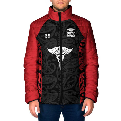 New Zealand Nurse RN 2026 Personalised Padded Jacket Red Maori Pattern Cultural Pride