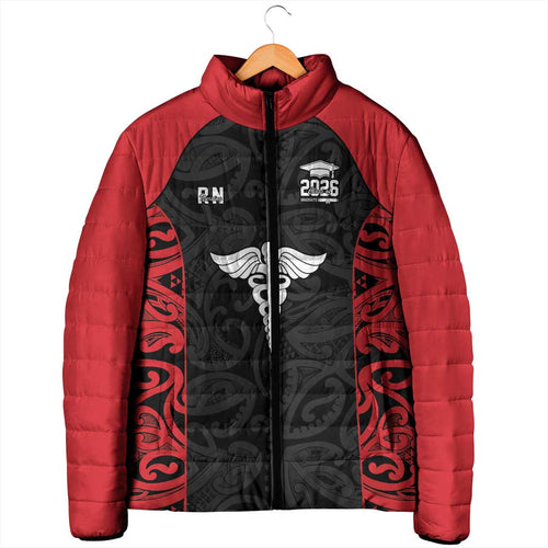 New Zealand Nurse RN 2026 Personalised Padded Jacket Red Maori Pattern Cultural Pride