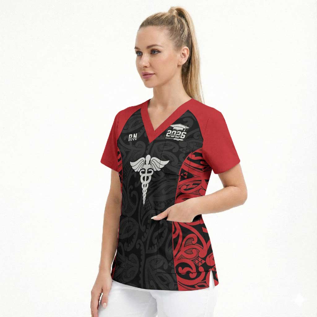 New Zealand Nurse RN 2026 Personalised Scrub Top Red Maori Pattern Cultural Pride