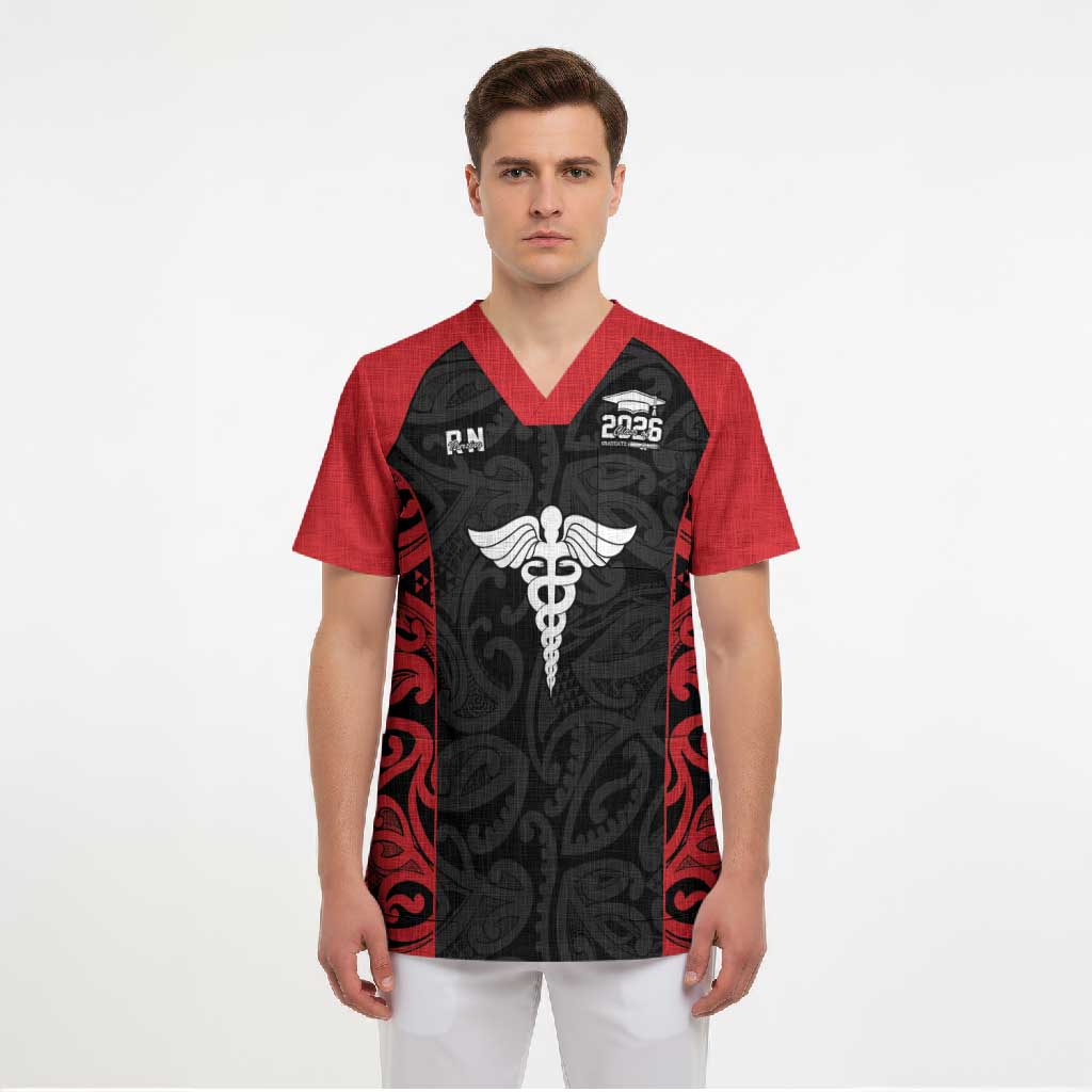 New Zealand Nurse RN 2026 Personalised Scrub Top Red Maori Pattern Cultural Pride