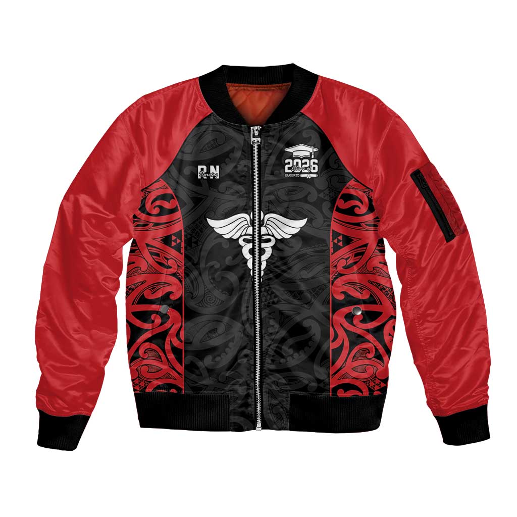 New Zealand Nurse RN 2026 Personalised Sleeve Zip Bomber Jacket Red Maori Pattern Cultural Pride