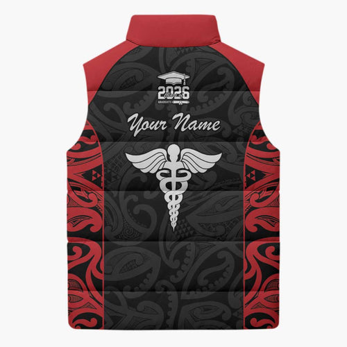 New Zealand Nurse RN 2026 Personalised Sleeveless Puffer Jacket Red Maori Pattern Cultural Pride