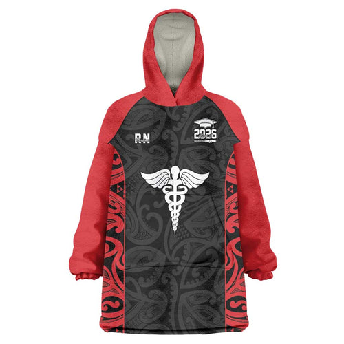 New Zealand Nurse RN 2026 Personalised Wearable Blanket Hoodie Red Maori Pattern Cultural Pride