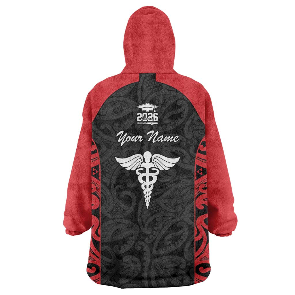New Zealand Nurse RN 2026 Personalised Wearable Blanket Hoodie Red Maori Pattern Cultural Pride