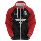 New Zealand Nurse RN 2026 Personalised Zip Hoodie Red Maori Pattern Cultural Pride