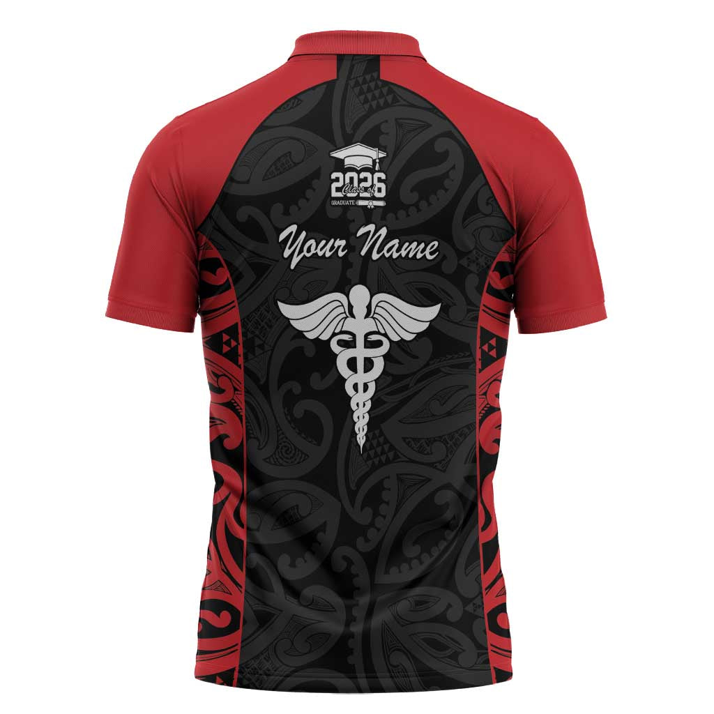New Zealand Nurse RN 2026 Personalised Zipper Polo Shirt Red Maori Pattern Cultural Pride