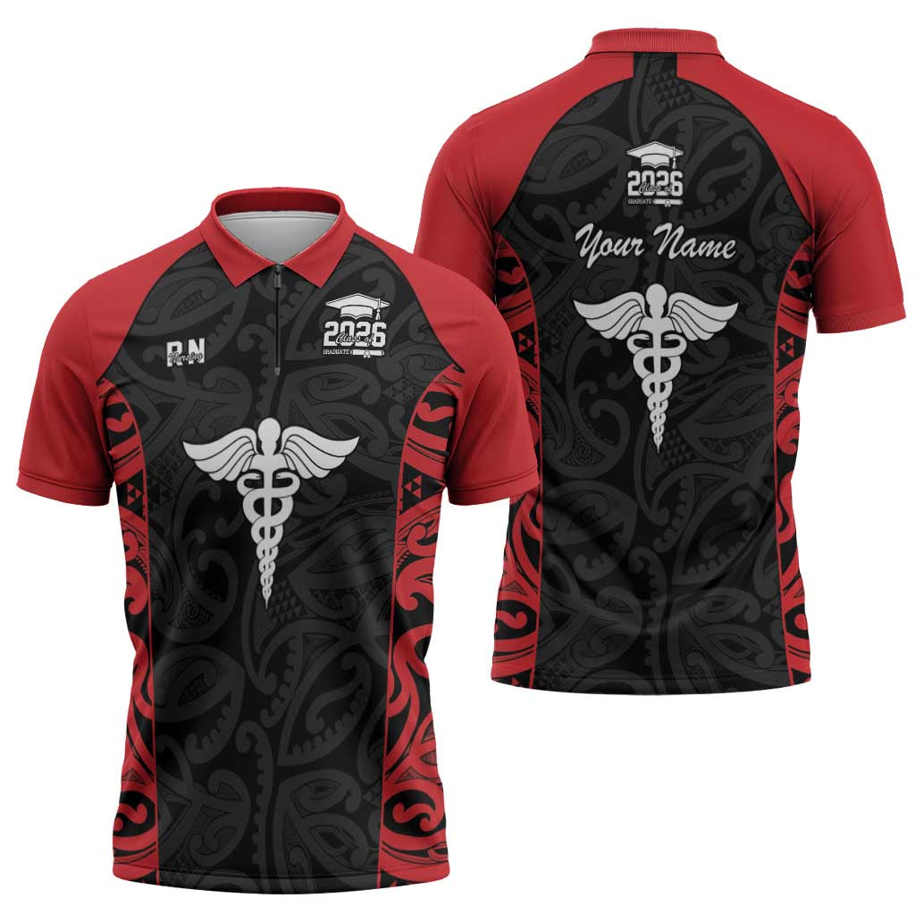 New Zealand Nurse RN 2026 Personalised Zipper Polo Shirt Red Maori Pattern Cultural Pride