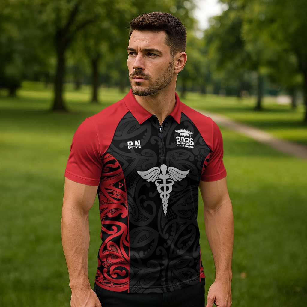 New Zealand Nurse RN 2026 Personalised Zipper Polo Shirt Red Maori Pattern Cultural Pride