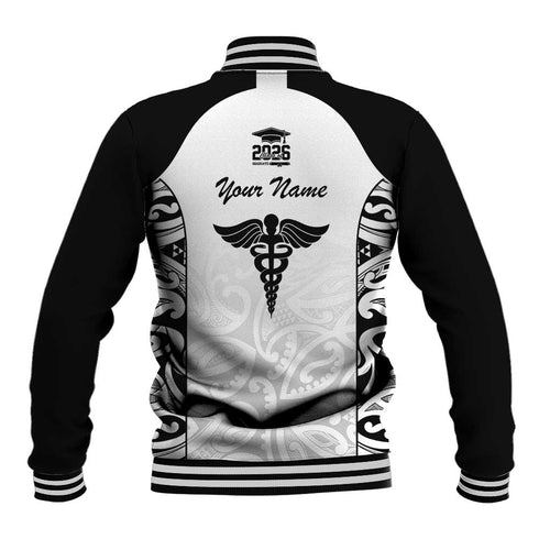 New Zealand Nurse RN 2026 Personalised Baseball Jacket White Maori Pattern Cultural Pride