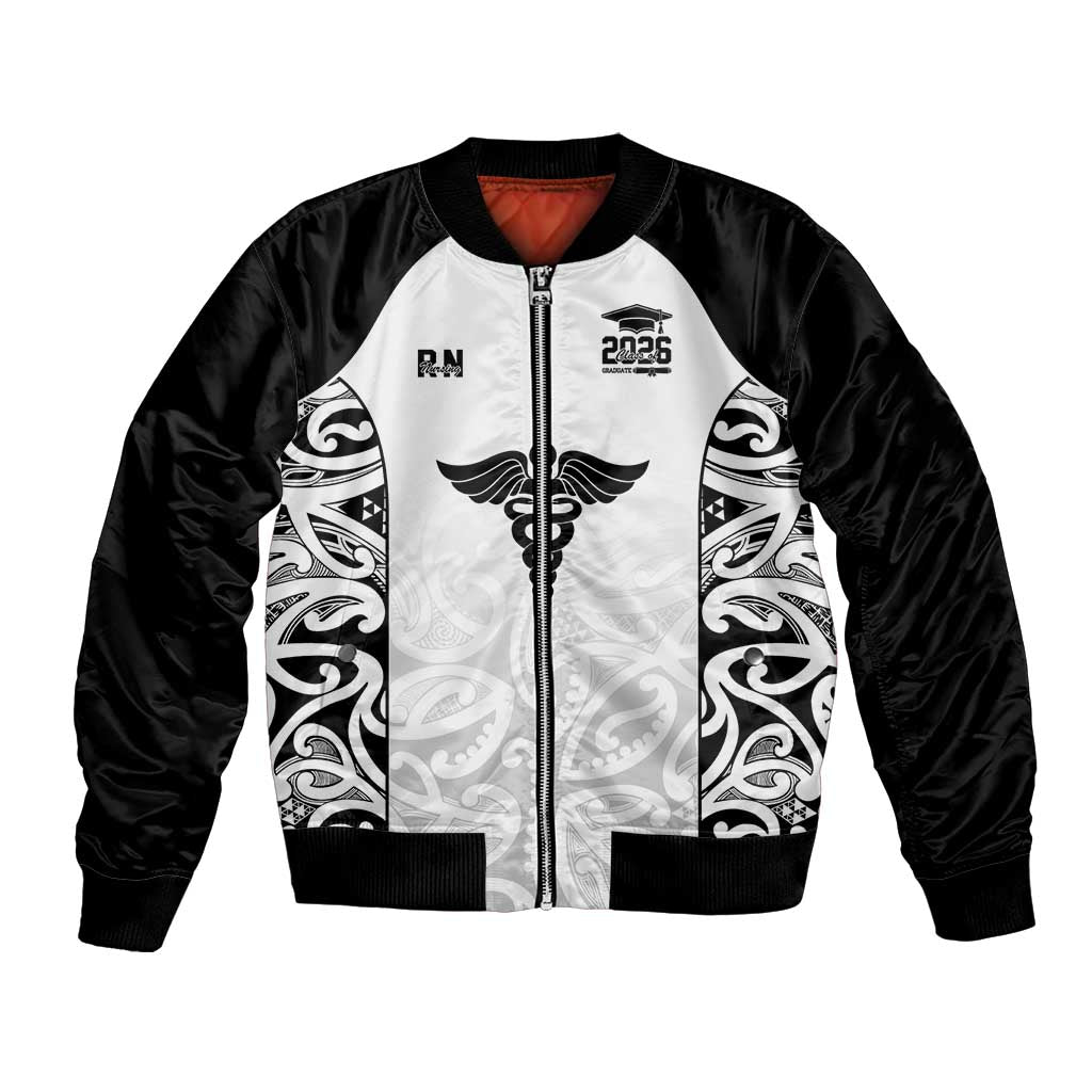 New Zealand Nurse RN 2026 Personalised Bomber Jacket White Maori Pattern Cultural Pride