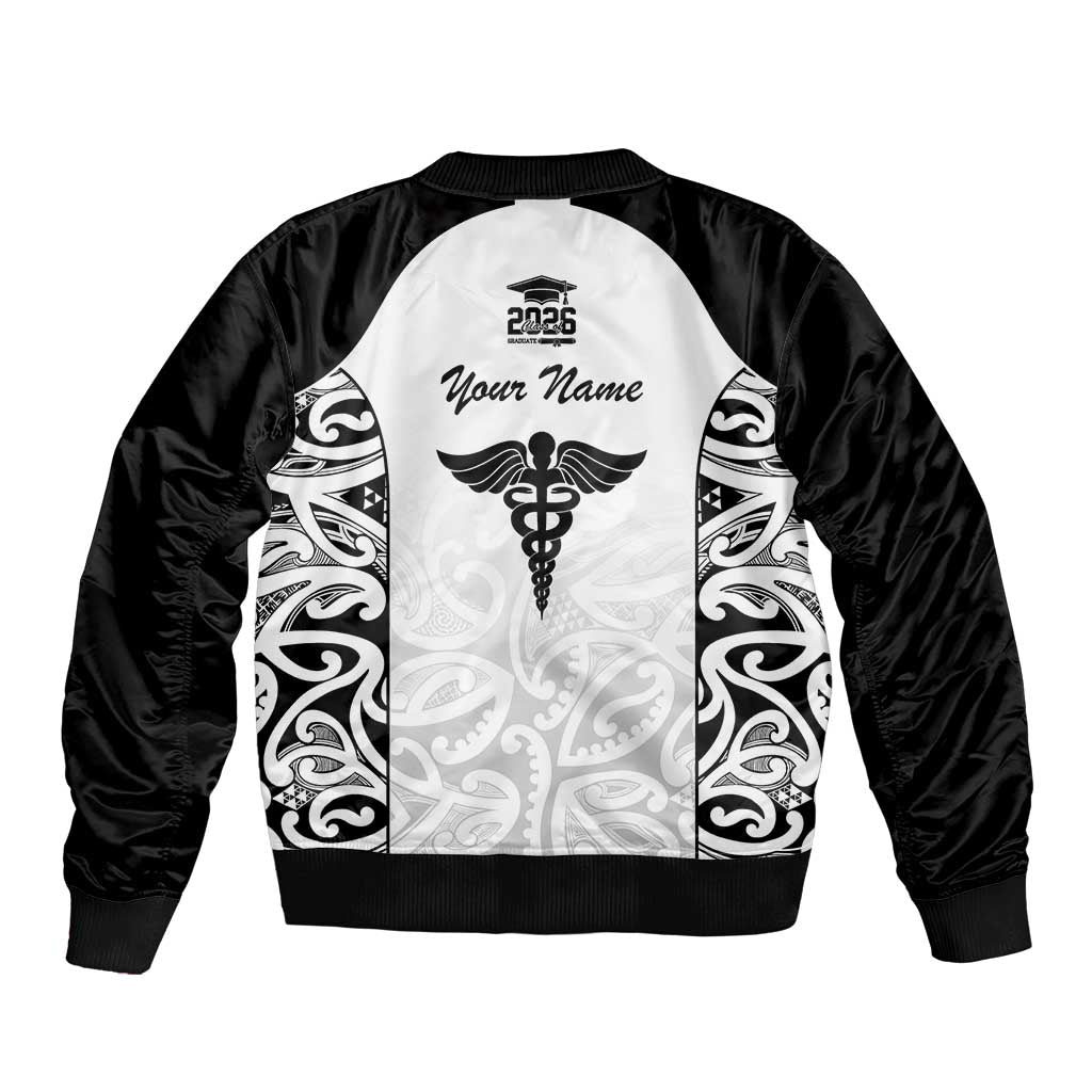 New Zealand Nurse RN 2026 Personalised Bomber Jacket White Maori Pattern Cultural Pride