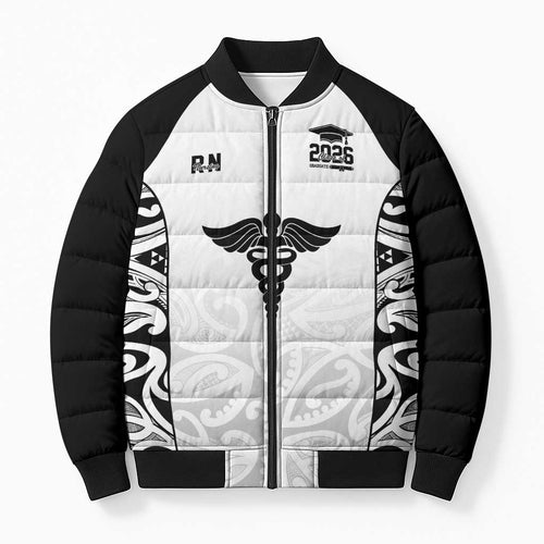 New Zealand Nurse RN 2026 Personalised Bomber Puffer Jacket White Maori Pattern Cultural Pride