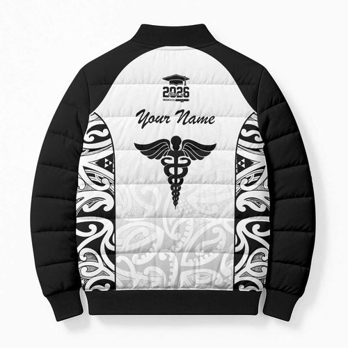 New Zealand Nurse RN 2026 Personalised Bomber Puffer Jacket White Maori Pattern Cultural Pride