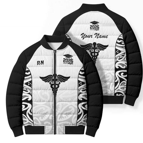 New Zealand Nurse RN 2026 Personalised Bomber Puffer Jacket White Maori Pattern Cultural Pride