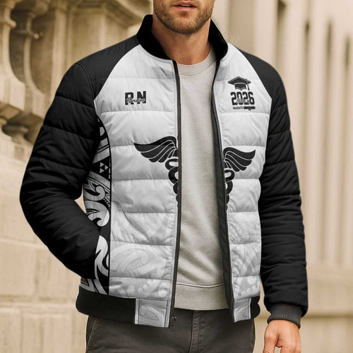 New Zealand Nurse RN 2026 Personalised Bomber Puffer Jacket White Maori Pattern Cultural Pride