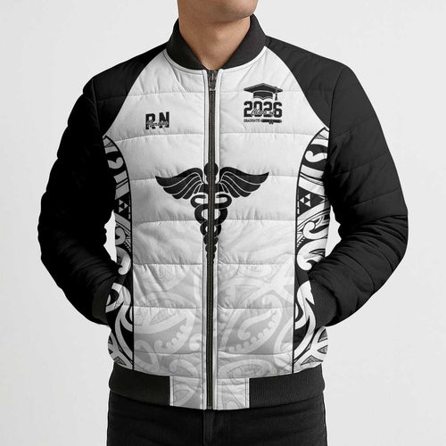 New Zealand Nurse RN 2026 Personalised Bomber Puffer Jacket White Maori Pattern Cultural Pride