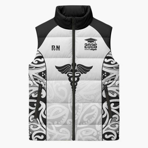 New Zealand Nurse RN 2026 Personalised Sleeveless Puffer Jacket White Maori Pattern Cultural Pride