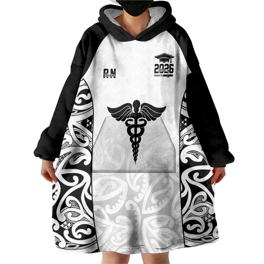 New Zealand Nurse RN 2026 Personalised Wearable Blanket Hoodie White Maori Pattern Cultural Pride