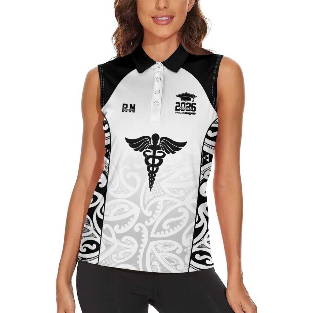 New Zealand Nurse RN 2026 Personalised Women Sleeveless Polo Shirt White Maori Pattern Cultural Pride