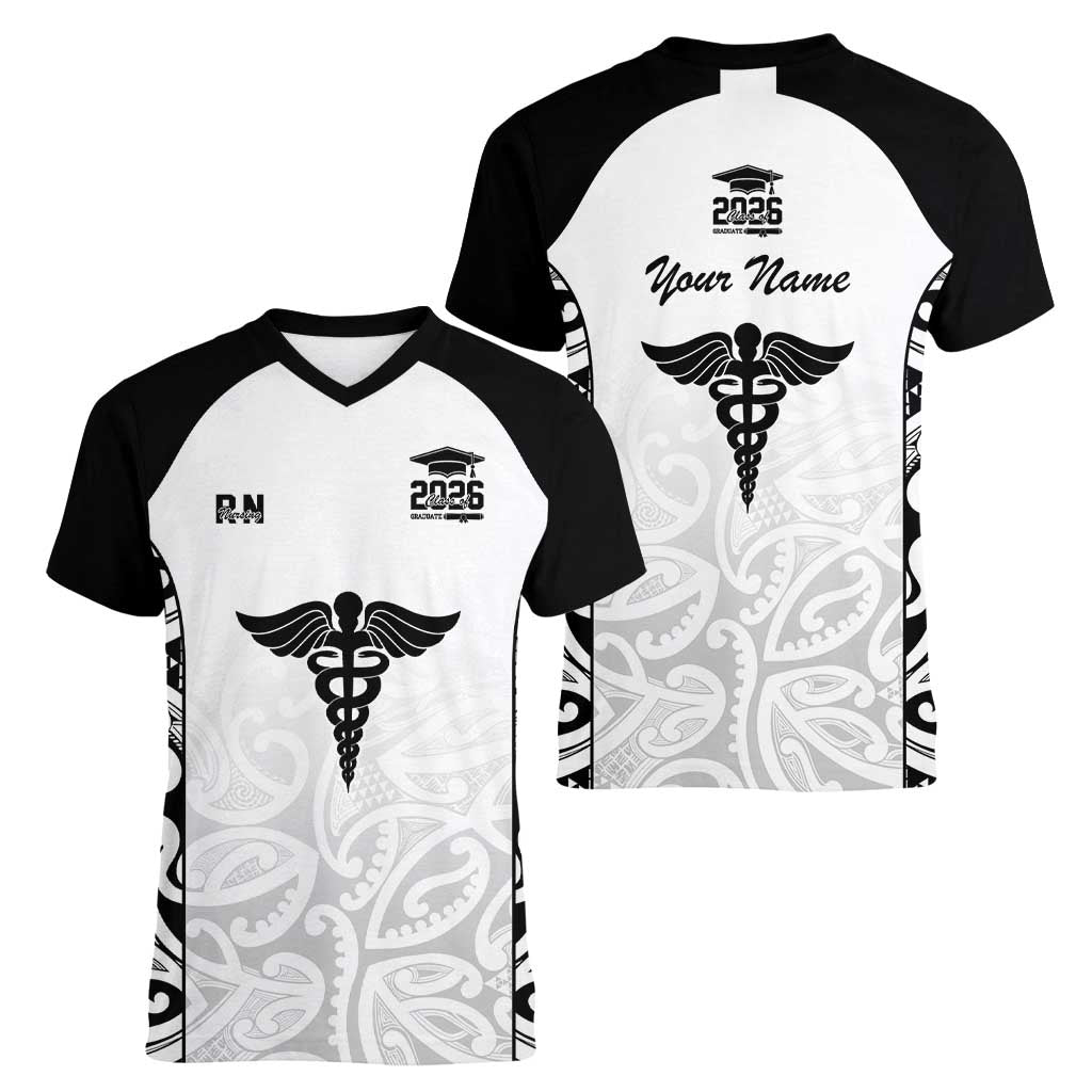 New Zealand Nurse RN 2026 Personalised Women V-Neck T-Shirt White Maori Pattern Cultural Pride