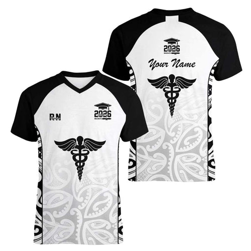 New Zealand Nurse RN 2026 Personalised Women V-Neck T-Shirt White Maori Pattern Cultural Pride