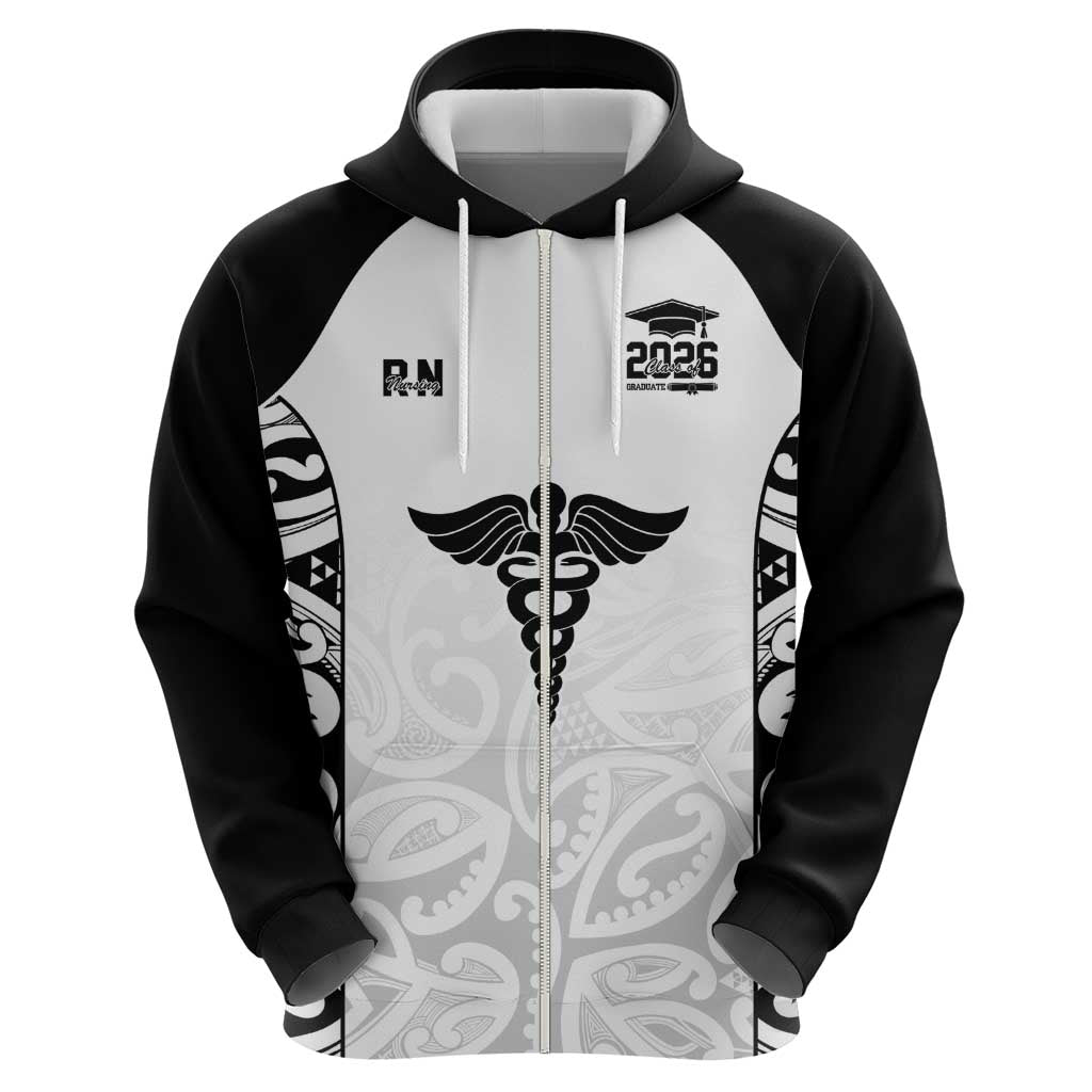 New Zealand Nurse RN 2026 Personalised Zip Hoodie White Maori Pattern Cultural Pride