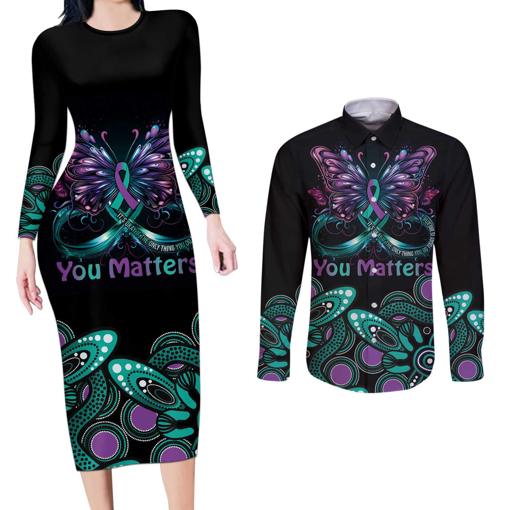 Personalised Hope Fight Suicide Prevention Awareness Couples Matching Long Sleeve Bodycon Dress and Long Sleeve Button Shirt Aboriginal Motif