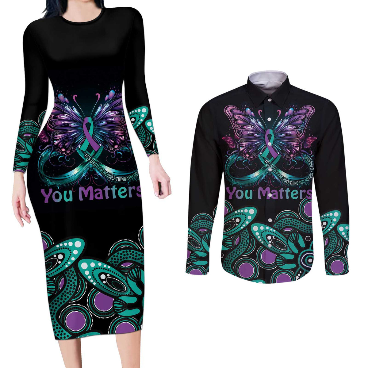 Personalised Hope Fight Suicide Prevention Awareness Couples Matching Long Sleeve Bodycon Dress and Long Sleeve Button Shirt Aboriginal Motif