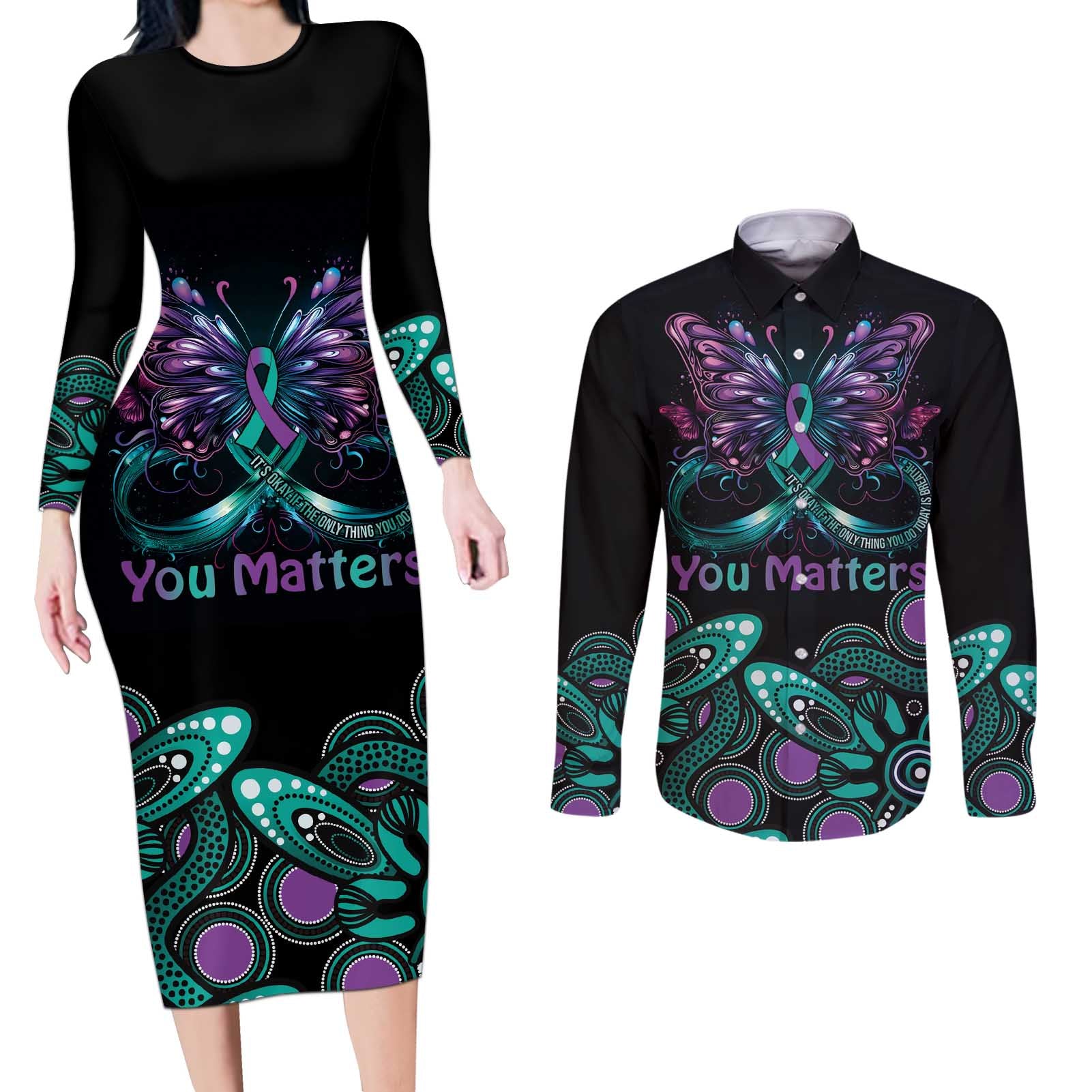 Personalised Hope Fight Suicide Prevention Awareness Couples Matching Long Sleeve Bodycon Dress and Long Sleeve Button Shirt Aboriginal Motif