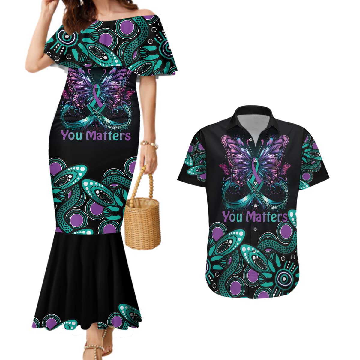 Personalised Hope Fight Suicide Prevention Awareness Couples Matching Mermaid Dress and Hawaiian Shirt Aboriginal Motif