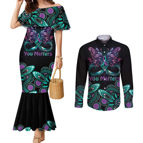 Personalised Hope Fight Suicide Prevention Awareness Couples Matching Mermaid Dress and Long Sleeve Button Shirt Aboriginal Motif