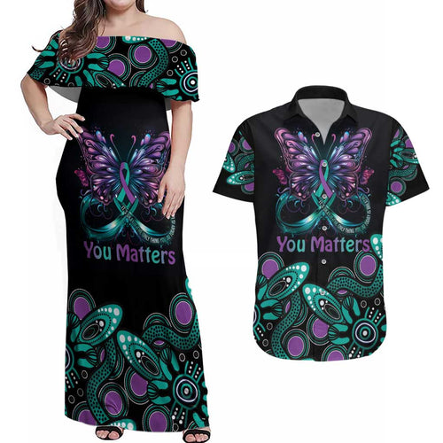Personalised Hope Fight Suicide Prevention Awareness Couples Matching Off Shoulder Maxi Dress and Hawaiian Shirt Aboriginal Motif