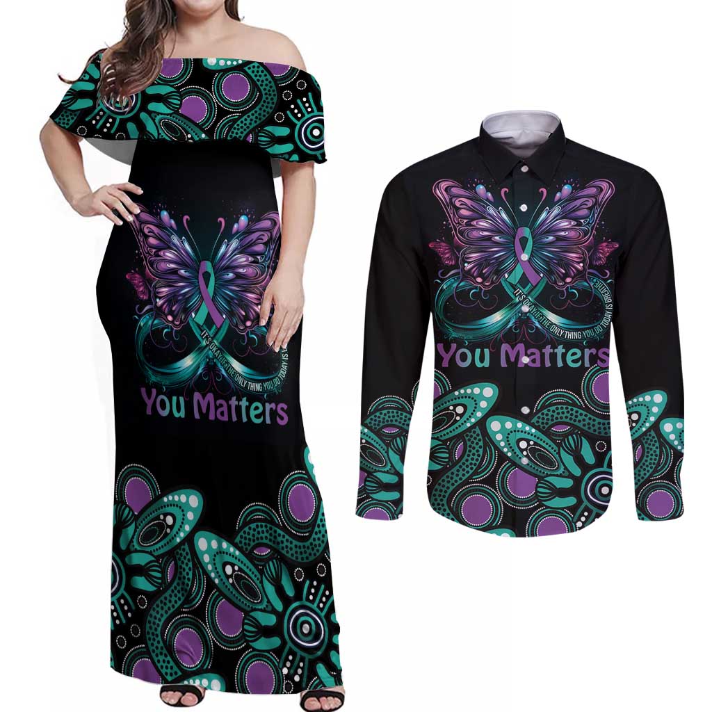 Personalised Hope Fight Suicide Prevention Awareness Couples Matching Off Shoulder Maxi Dress and Long Sleeve Button Shirt Aboriginal Motif