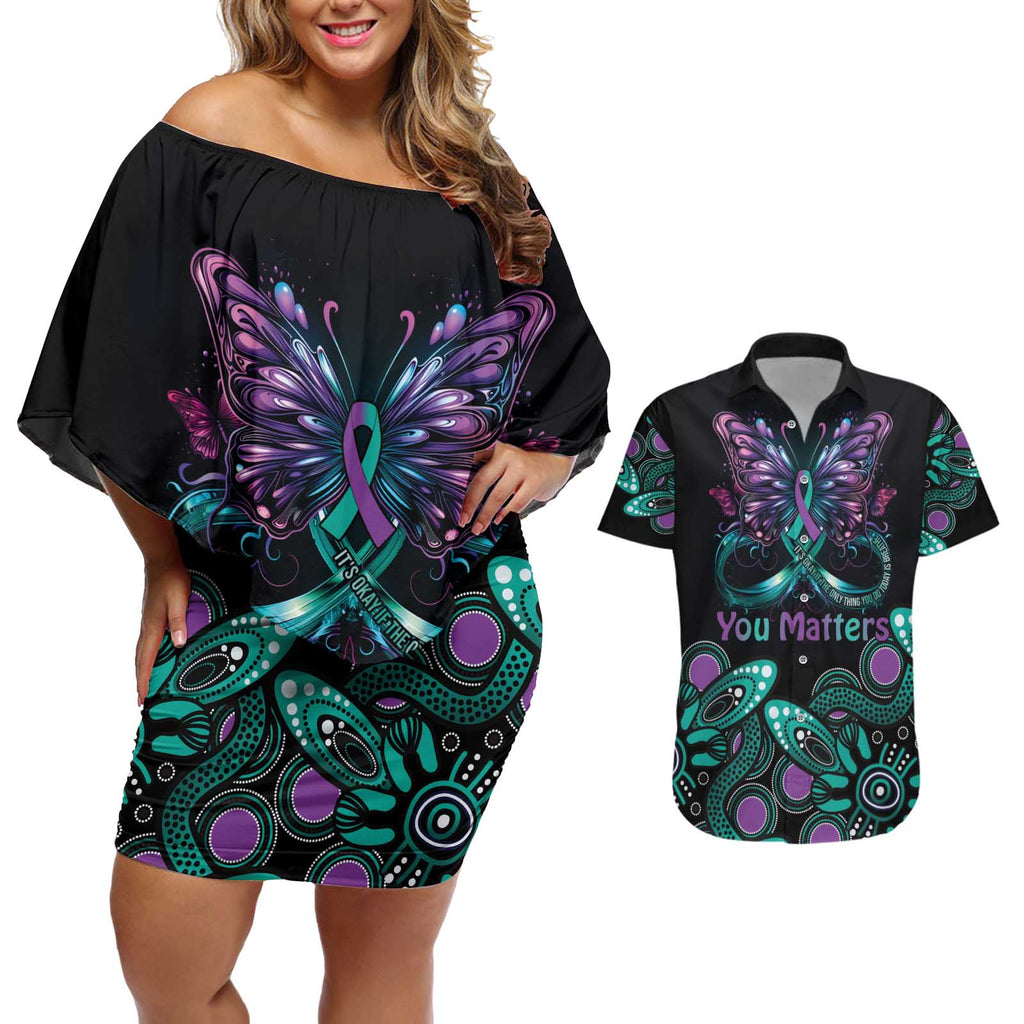 Personalised Hope Fight Suicide Prevention Awareness Couples Matching Off Shoulder Short Dress and Hawaiian Shirt Aboriginal Motif