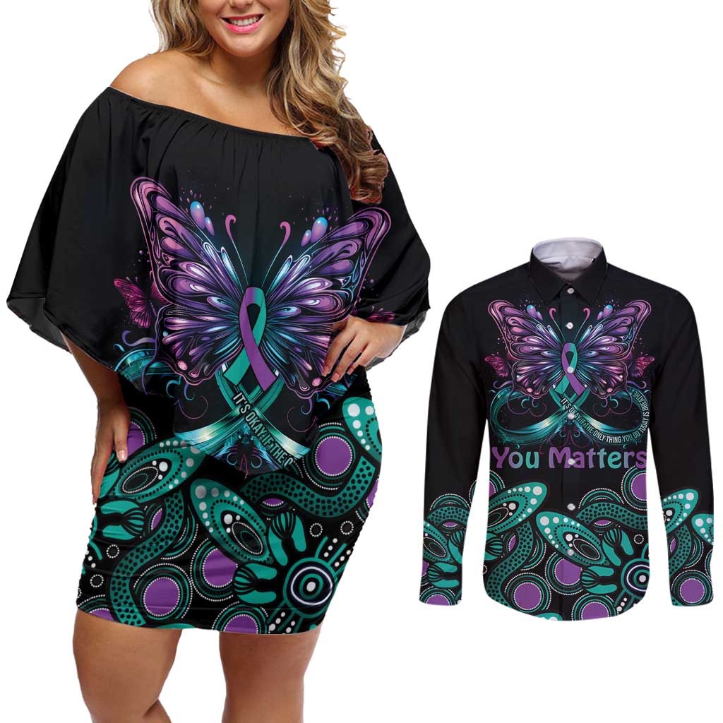 Personalised Hope Fight Suicide Prevention Awareness Couples Matching Off Shoulder Short Dress and Long Sleeve Button Shirt Aboriginal Motif