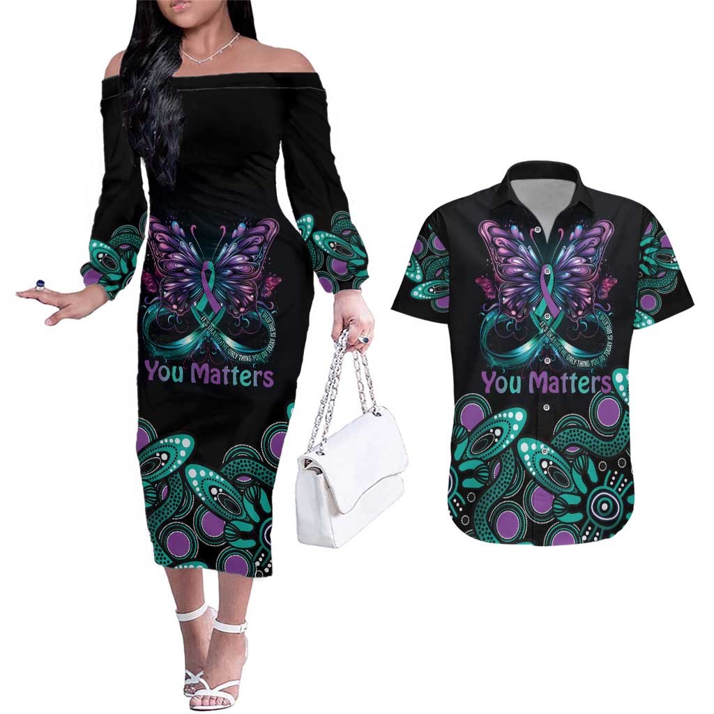 Personalised Hope Fight Suicide Prevention Awareness Couples Matching Off The Shoulder Long Sleeve Dress and Hawaiian Shirt Aboriginal Motif