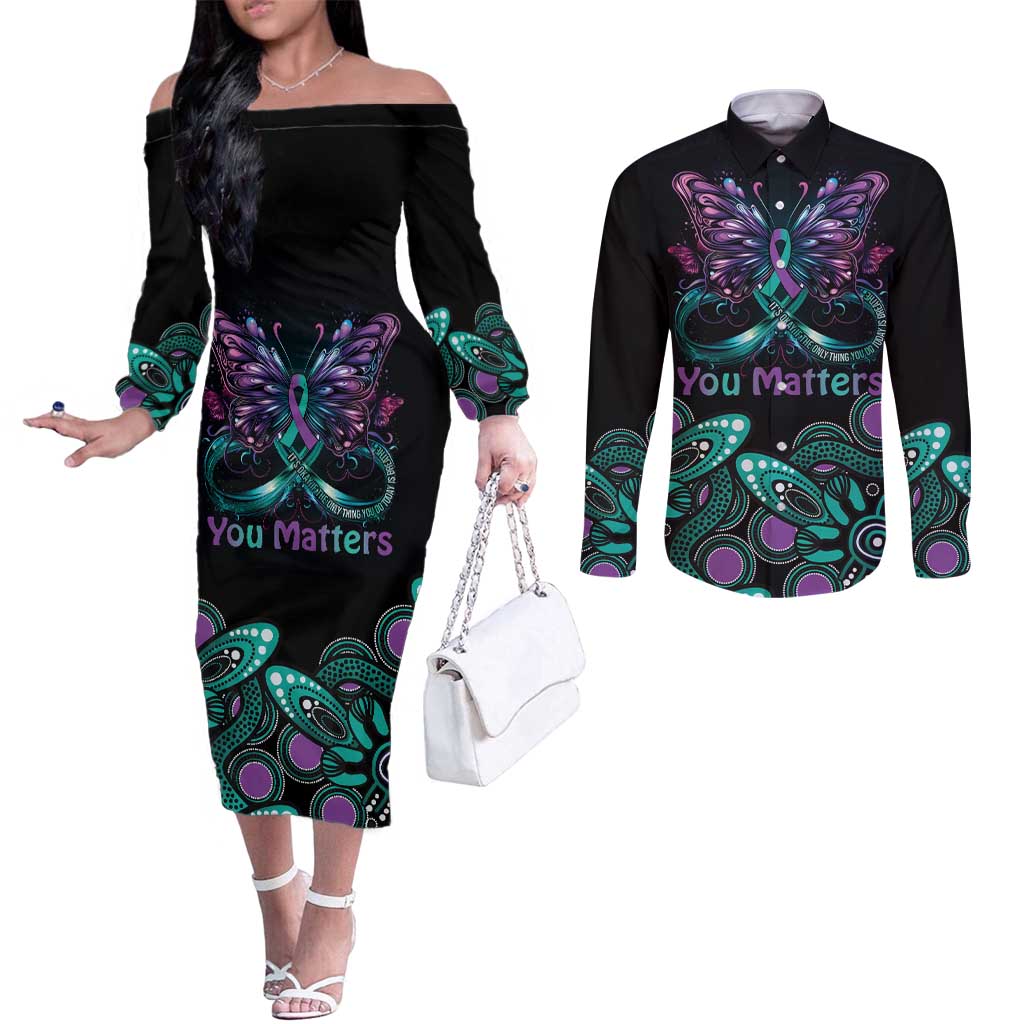 Personalised Hope Fight Suicide Prevention Awareness Couples Matching Off The Shoulder Long Sleeve Dress and Long Sleeve Button Shirt Aboriginal Motif