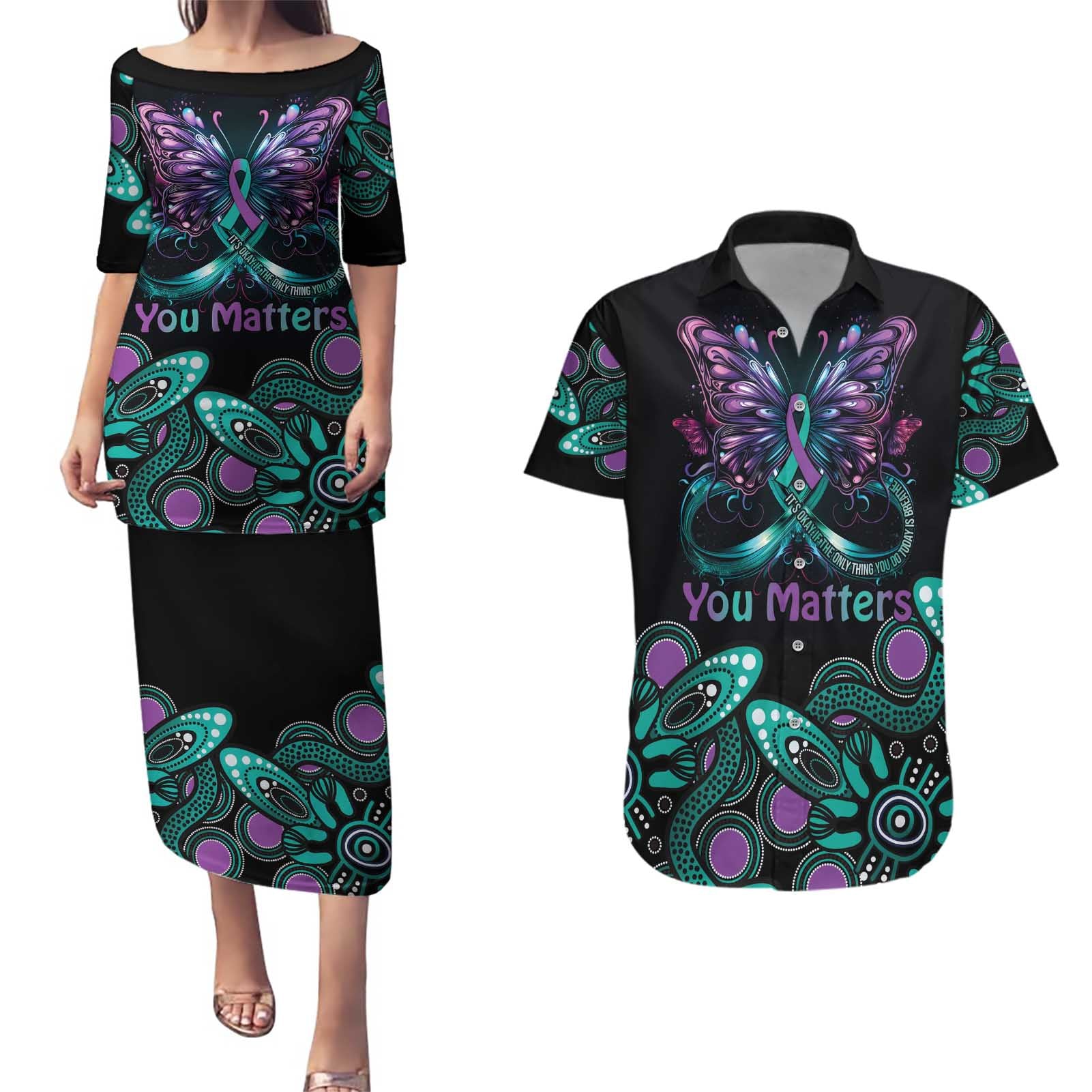 Personalised Hope Fight Suicide Prevention Awareness Couples Matching Puletasi and Hawaiian Shirt Aboriginal Motif