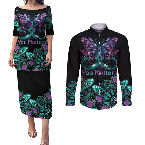 Personalised Hope Fight Suicide Prevention Awareness Couples Matching Puletasi and Long Sleeve Button Shirt Aboriginal Motif